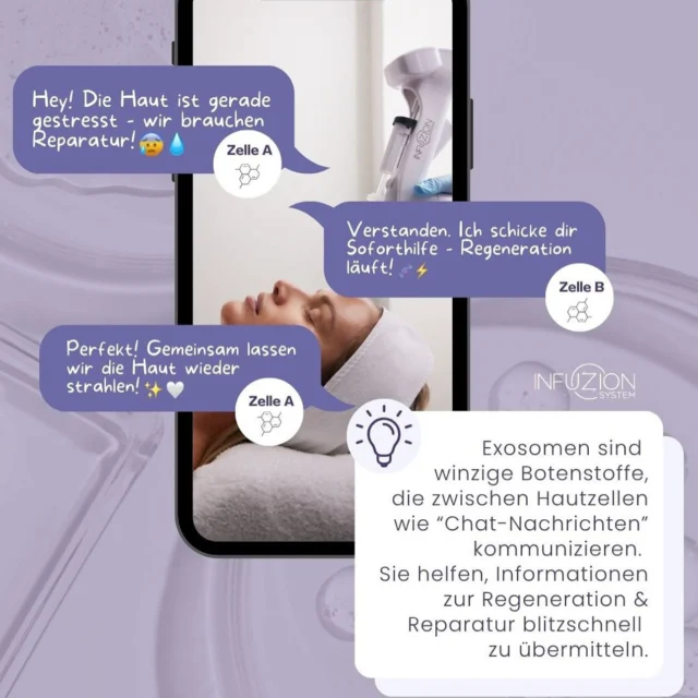 🧬Exosomen sind nicht nur ein Trend - sie sind die Sprache, mit der deine Haut „kommuniziert“.

🔬Mikroskopisch klein - biologisch hochaktiv. Und jetzt erstmals mit der patentierten Behandlungsmethode
INFUZION System nadelfrei verfügbar. Für Haut, die MEHR will!

🧬Exosomen sind deine Superhelden zur Unterstützung
der naturlichen Hautregeneration.

INFUZION EXOZOMES setzt neue Maßstäbe in der
nadelfreien Wirkstoffkosmetik:

🔬3D Exosomentechnologie der neuesten Generation auf
Basis pflanzlicher Exosomen (36 billion particles)
Aktivierung unmittelbar vor der Behandlung für maximale
Bioaktivität
& Durch unser 2-Phasen-System bleibt die volle Wirkkraft
erhalten
Tiefenwirksame Pflege ohne Nadeln, ohne Downtime
Unterstützt ein klares, gefestigtes und sichtbar
gepflegtes Hautbild

→ Swipe durch und erfahre mehr über INFUZION
EXOZOMES und was Exosomen für moderne Hautpflege bedeuten.

📌 Buche Online : Infuzion Exosome 

📌 Link in Bio #lüneburg 

#infuzionexozomes #exosomepower #skinrevolution
#aesthetictech #cell2cell #infuzionsystem #nadelfrei
#hautinnovation #kosmetikinstitut #infuzion #naturalbeauty